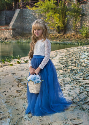 Ivory Lace Blue Tulle Two-tone Long Flower Girl Dress